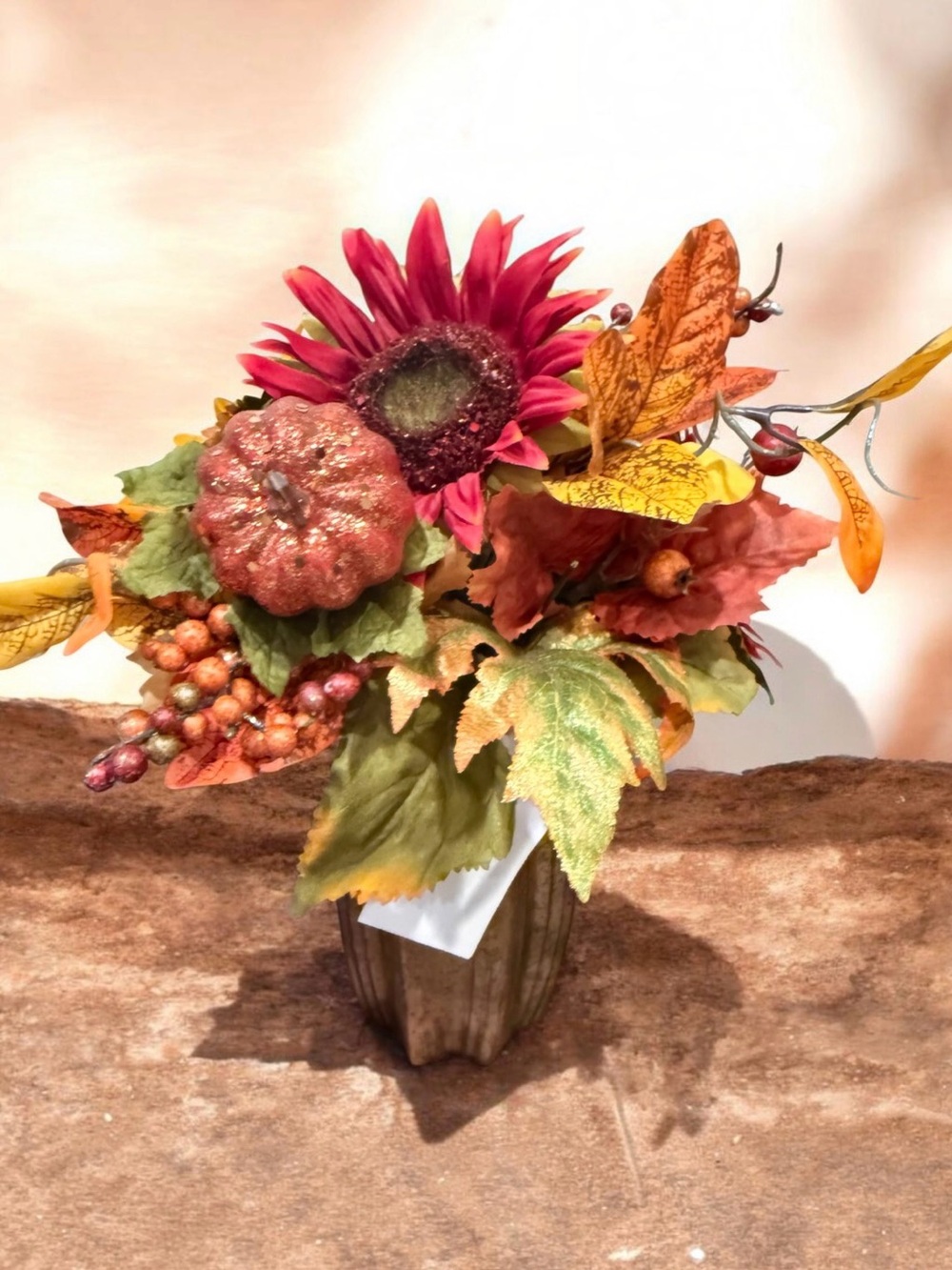 Red Sunflower & Pumpkin Autumn Faux Floral Arrangement NWT